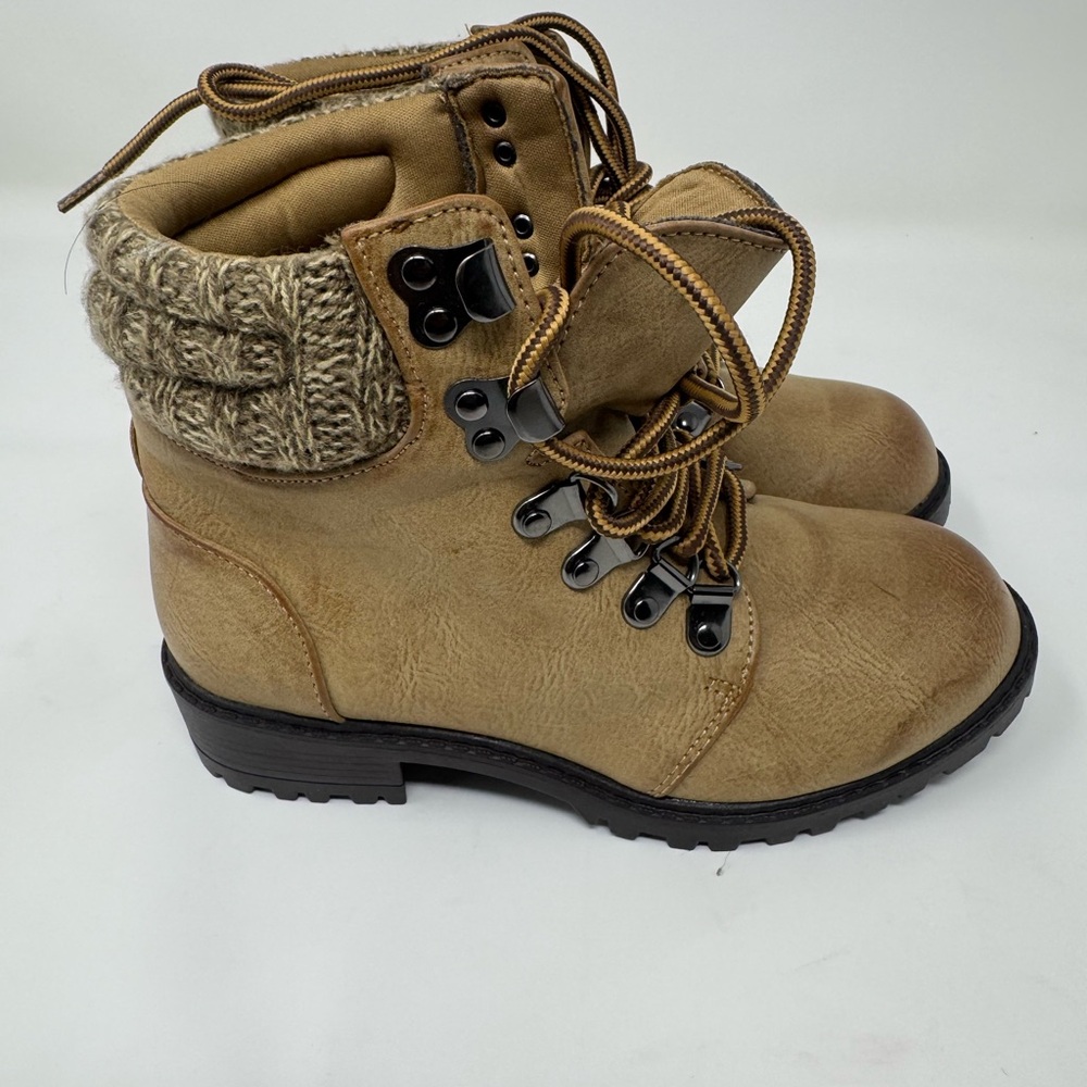Kids Tan Lace-Up Ankle Boots with Knit Cuff